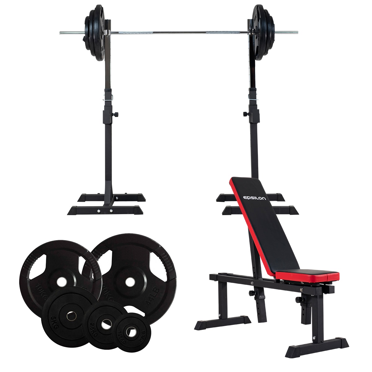 Komplett set - Viktbänk, squat rack, skivstång och vikter